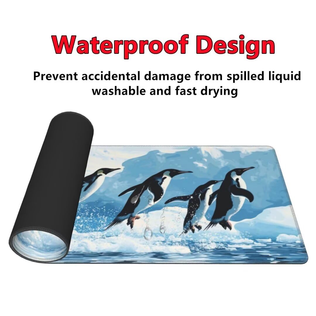 Gaming Mauspad XXL Pinguin Großes Mousepad 1200*600mm Rutschfeste Schreibtischunterlage Landschaft Mouse Pad mit Vernähte Kanten Verbessert Desk Mat Geschwindigkeit und Präzision für Gaming und Büro
