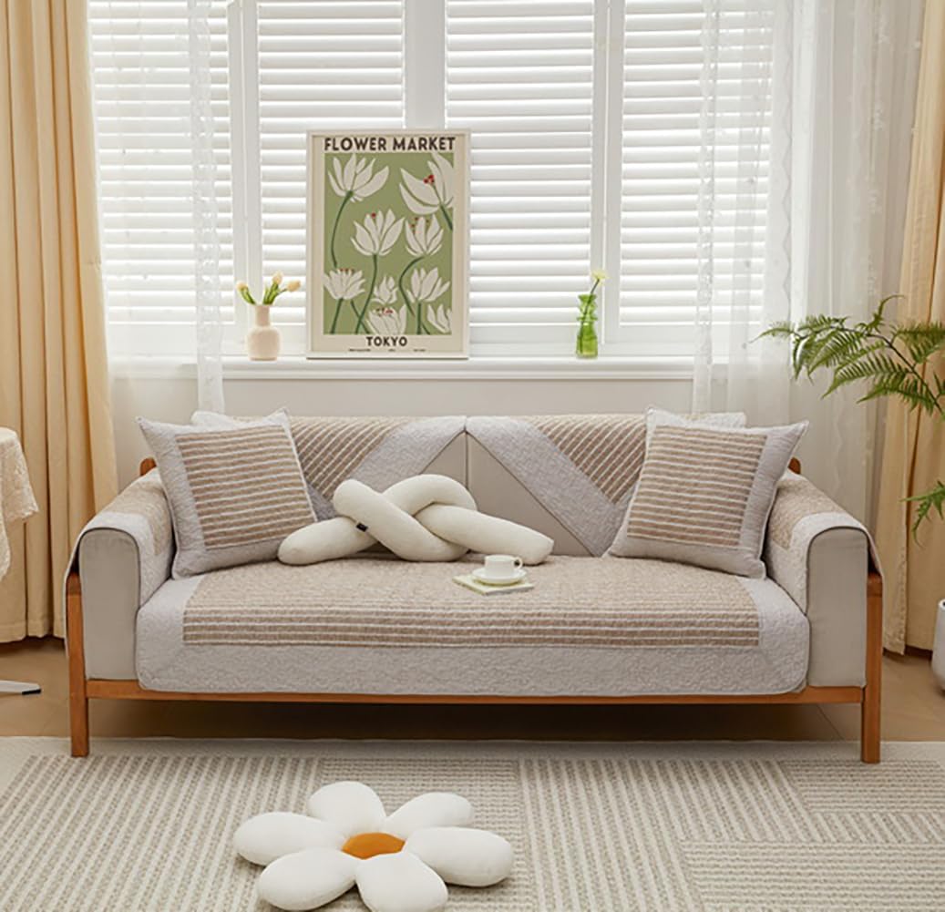 vctops Cotton Sofa Cover Farmhouse Striped Pattern Sectional Couch Cover Anti Slip Couch Cover Furniture Protector for Dog Pet Cat, 1 Piece/Not All Set (Beige,35"x35")