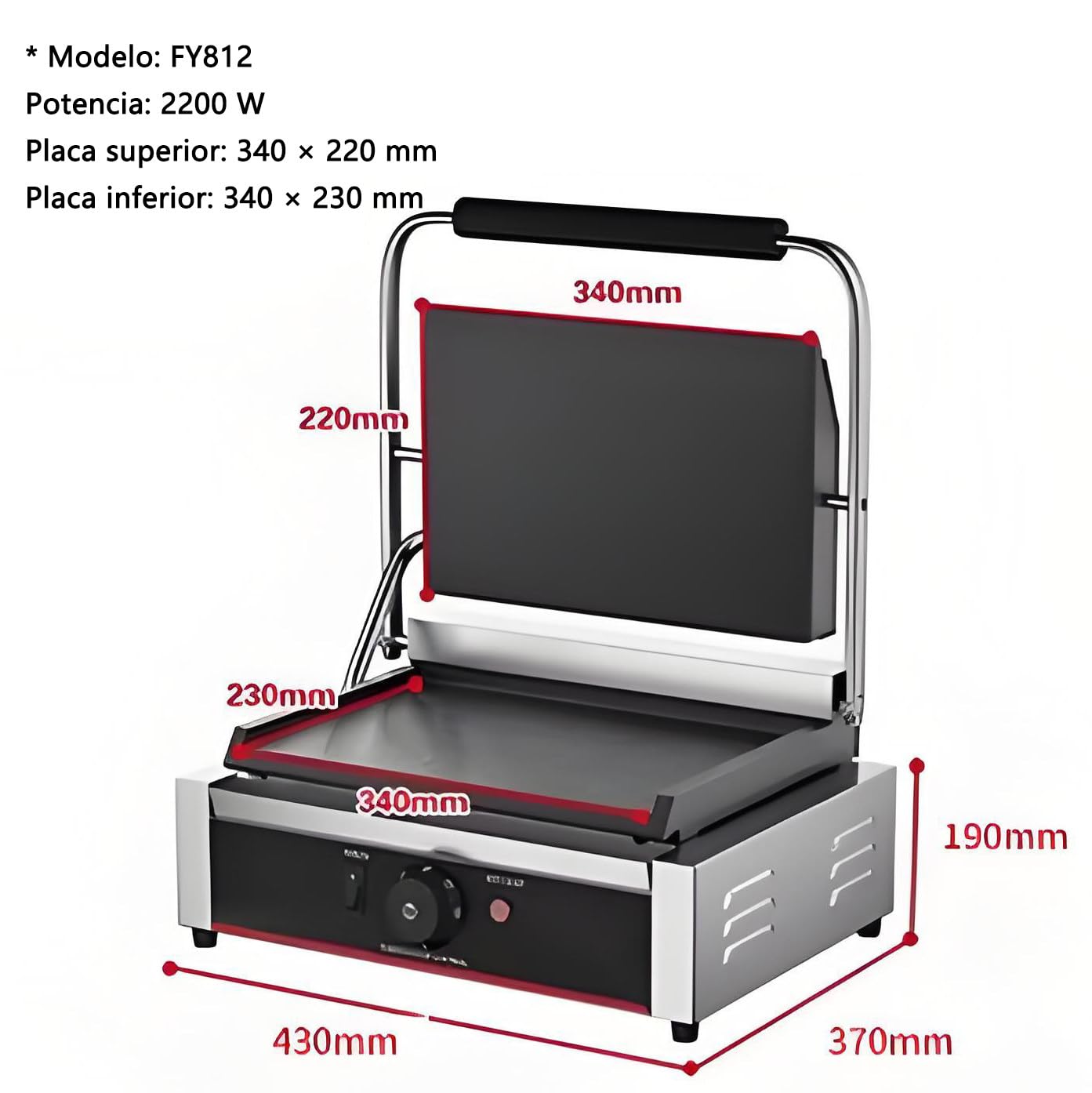 Profesjonalny Elektryczny Grill do Panini,Profesjonalny Opiekacz do Kanapek,Opiekacz do Burgerów,żebrowany Grill Kontaktowy,Regulacja Temperatury Pokrętłem (50~300°C) + Timer 1~5 Minut FY812