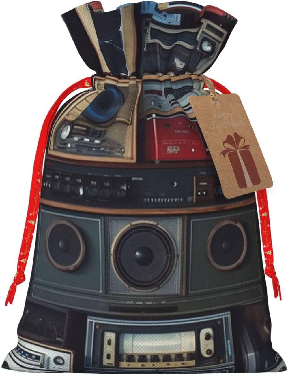 FJWSLCH Vintage Wall of Radio Boombox Christmas Gift Bags Holiday Drawstring Gift Bags Reusable Gift Wrapping Sacks Medium Xmas Goodie Bags with Name Tags Christmas Treat Bags for Party Favor Bags