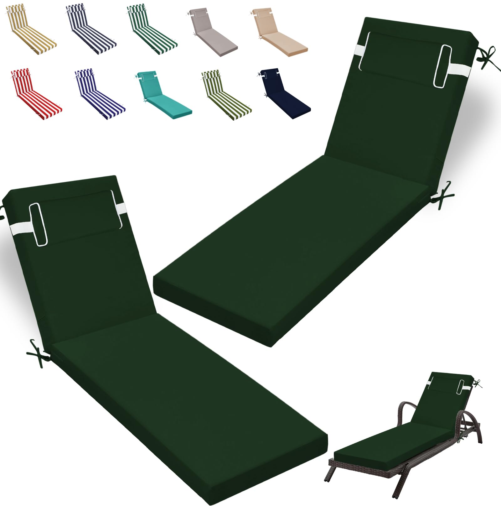 Outdoor Chaise Lounge Cushion, High-Density Foam Fill Patio Furniture Bench Cushions with Ties, Thicken Waterproof Replacement Back Chaise Cushions for Pool, Sand Beach (Dark Green 2pc)