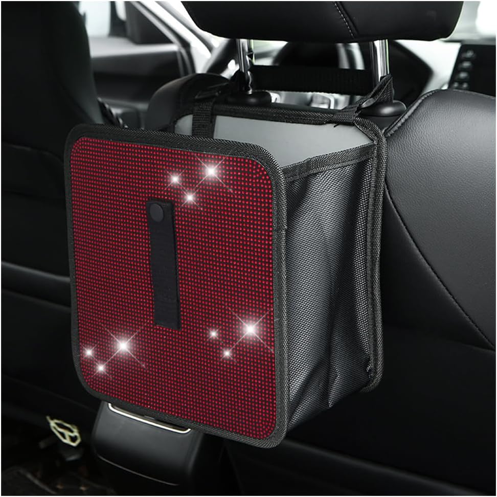 BELOMI Car Foldable Trash Can, Bling Rhinestone Crystal Auto Hanging Waterproof Leakproof Garbage Bin, Vehicle Waste Basket Dustbin, Multipurpose Car Organizer Accessories for SUV Truck RV (White)