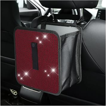 BELOMI Car Foldable Trash Can, Bling Rhinestone Crystal Auto Hanging Waterproof Leakproof Garbage Bin, Vehicle Waste Basket Dustbin, Multipurpose Car Organizer Accessories for SUV Truck RV Red
