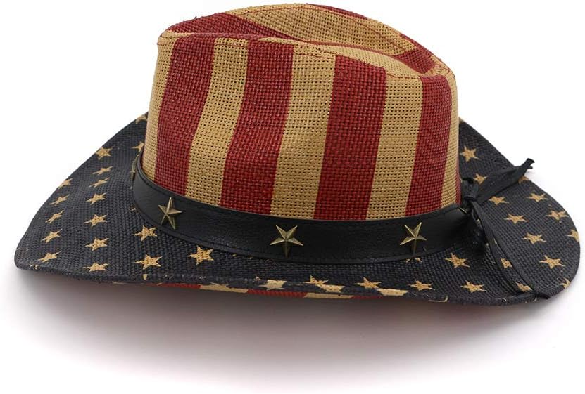 Antique American Flag Palm Cowboy Hat, Vintage Tea-Stained USA Patriotic Straw Drifter Cap for Men or Women