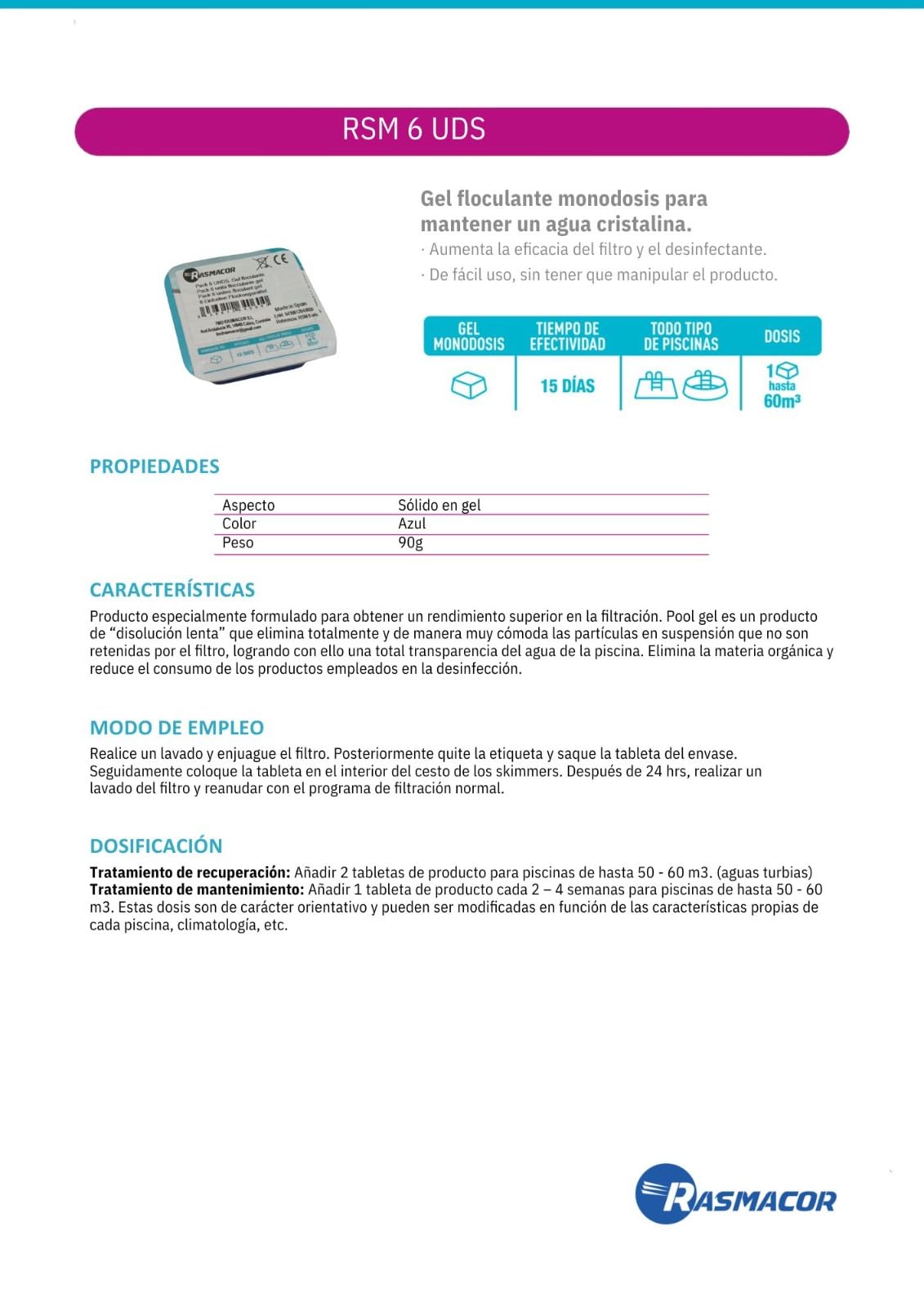 RASMACOR Pack de 6 Unités de Floculant en Gel Monodose | Gel pour Piscine | Nettoyant et clarificateur d'eau pour piscines | Transparence Totale de l'eau |