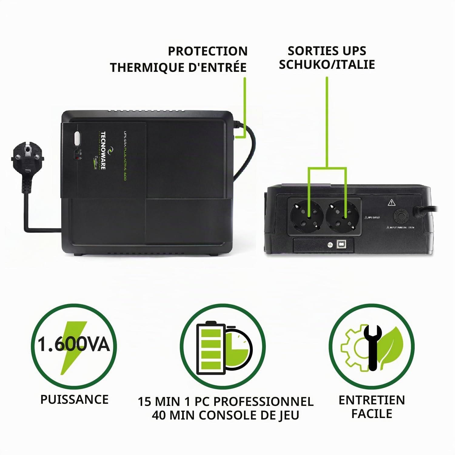 Tecnoware UPS ERA PLUS ACTIVE 1600, Onduleur 1600VA,Protection contre coupures de courant pour PC avec PFC Actif, Mac, Console de jeu, AVR, USB, 15min pour PC professionnel - 40min pour Console de jeu