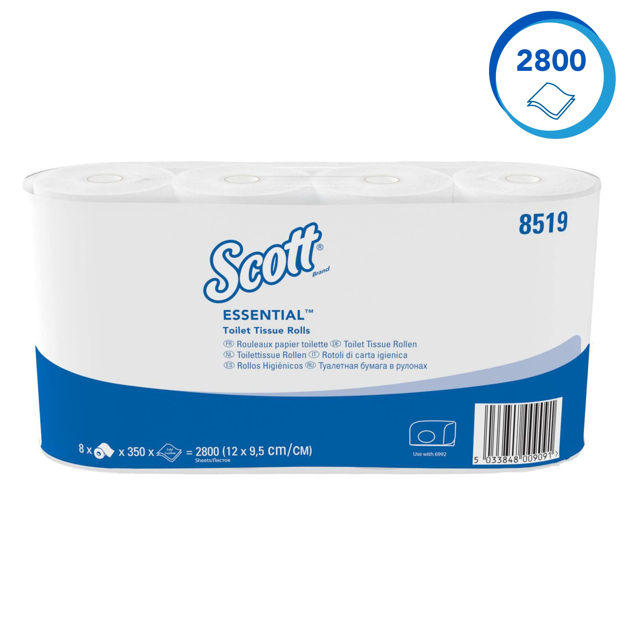 Scott Essential, 8519, Papel higiénico en rollo estándar, 2 capas, blanco, 64 rollos x 350 hojas