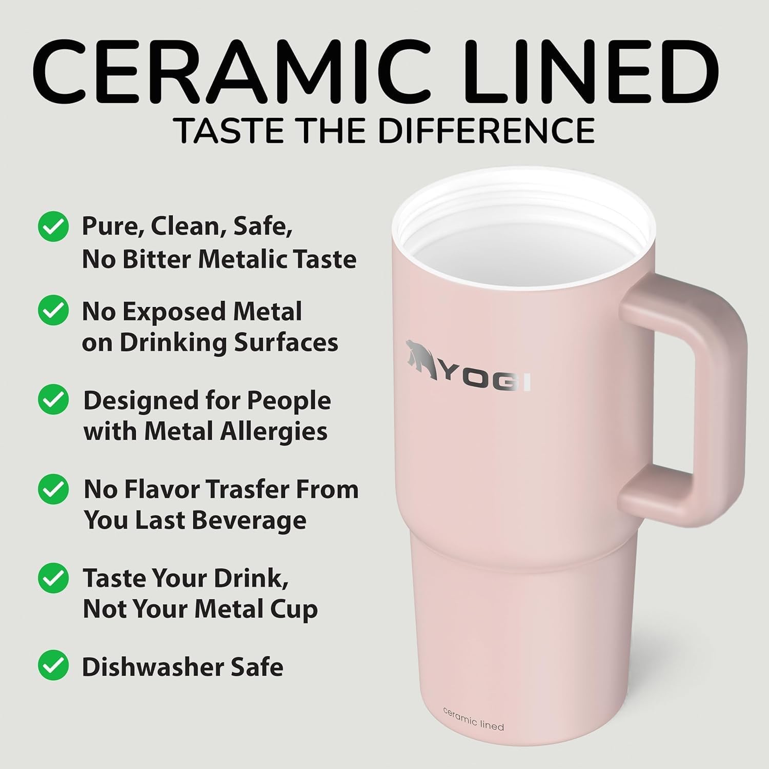 YOGI Ceramic Lined Metal Allergy Safe 24oz Tumbler Handle Comes with Straw Leakproof Flip & Sip Lid Vacuum Insulated Stainless Steel Travel Cup for Iced Coffee and Water Hydration 24oz Peonypink