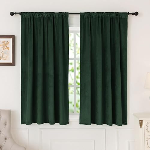 nanbowang Green Velvet Curtains 63 Inches Long Dark Green Light Blocking Rod Pocket Window Curtain Panels Set of 2 Heat Insulated Curtains Thermal Curtain Panels for Bedroom