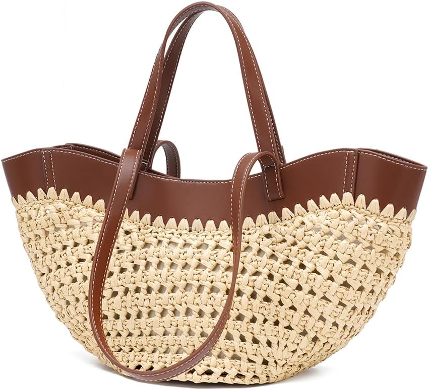Large Straw Tote Bag for Women, Woven Summer Beach Bag with Leather Trim & Double Straps, Handmade Mesh Boho Shoulder Bag
