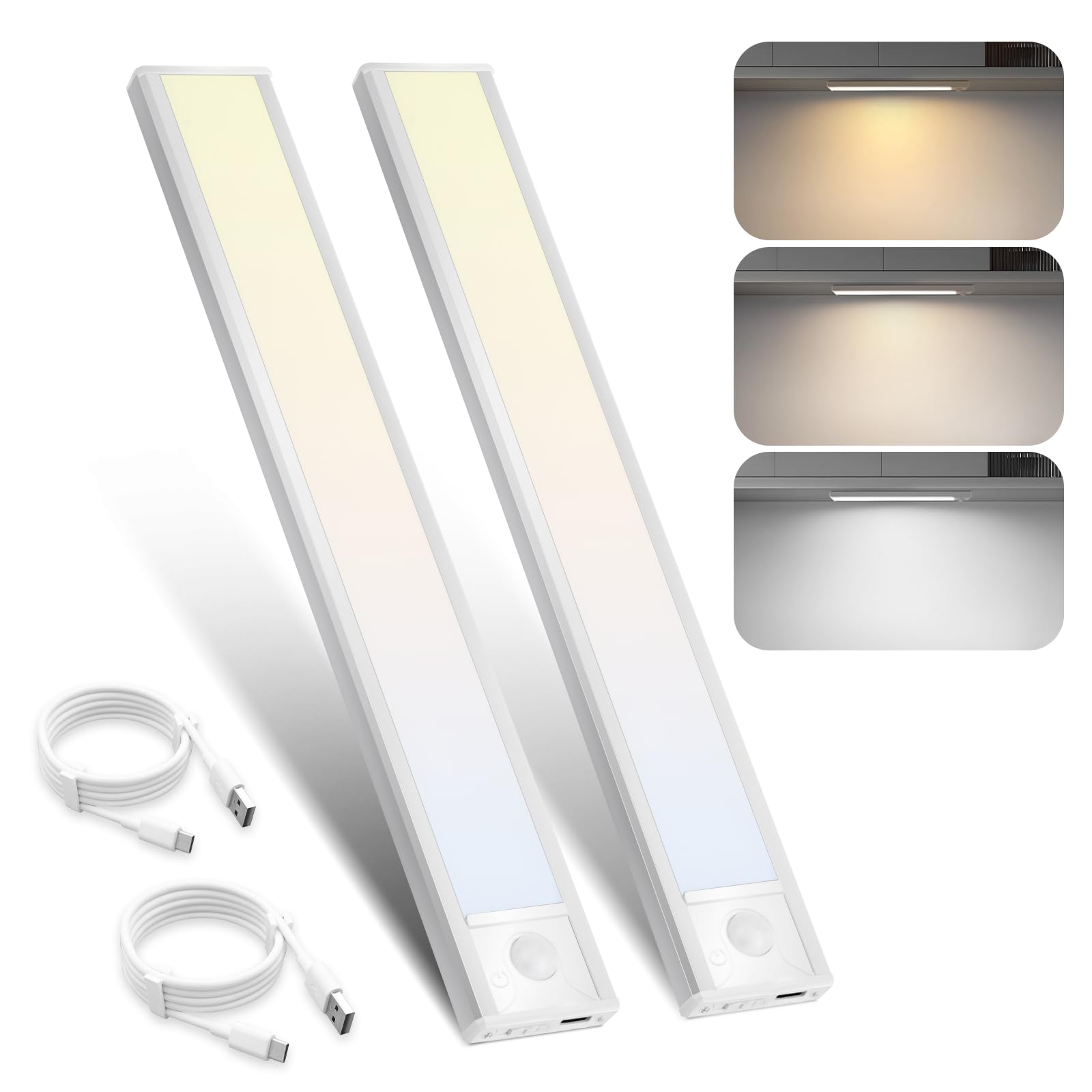 Homefire Unterbauleuchte Küche LED Schrankbeleuchtung - 20CM 2 Stück Unterschrank Beleuchtung mit Bewegungssensor Dimmbar 3 Farbtemperatur USB Wiederaufladbar Schranklicht für Küchenschrank Treppe