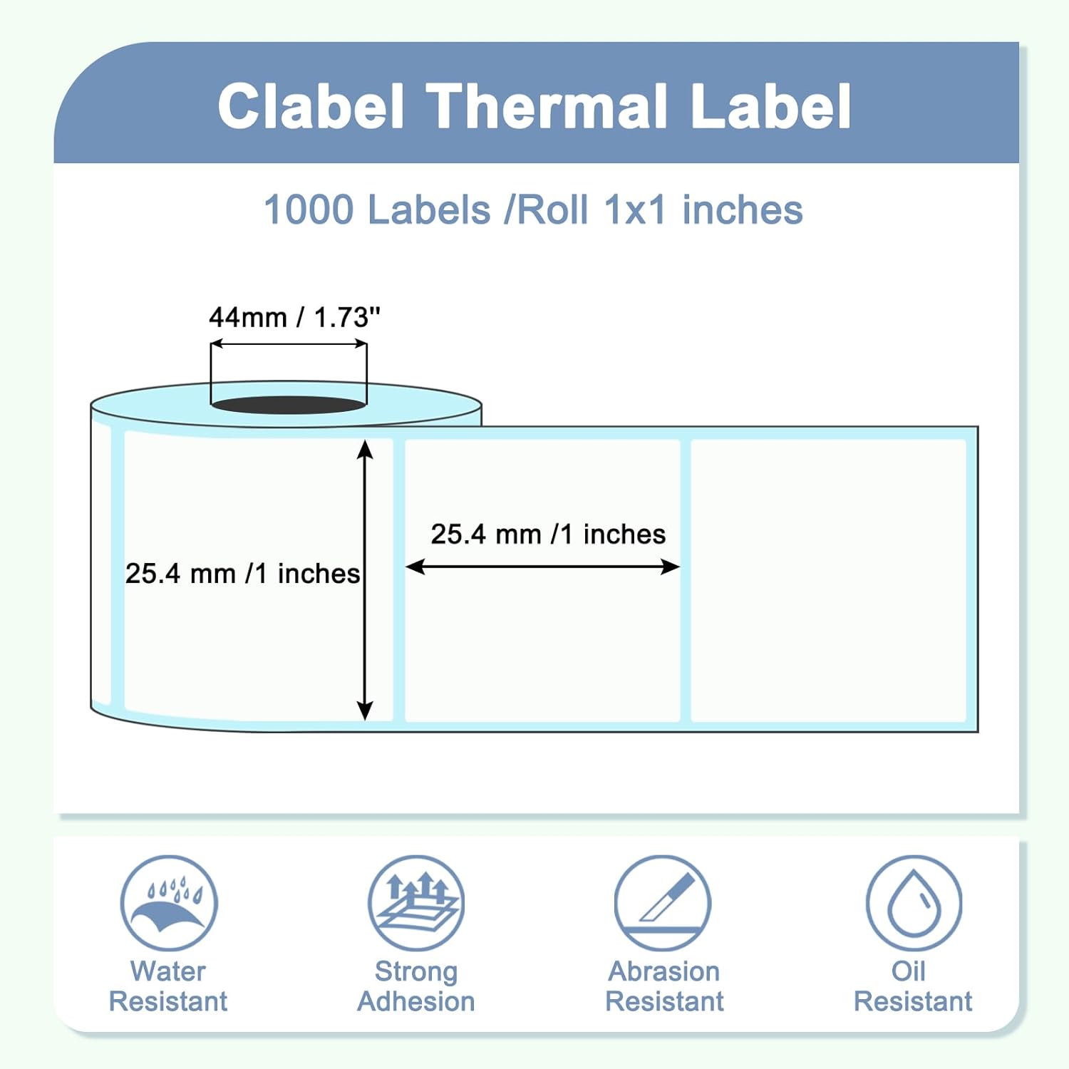 Diagram showing CLABEL 1x1 inch thermal label dimensions and features like water resistance, strong adhesion, abrasion resistance, and oil resistance.