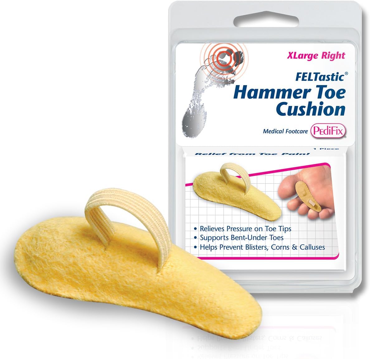 PediFix Felt Toe Crest Cushion with Loop for Hammer Toe Support, X-Large Right, 1 Pack