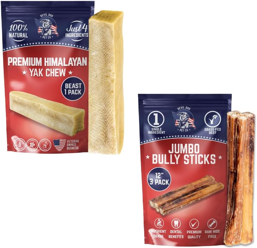 Devil Dog Pet Co (1) Yak Chews Beast 1 Pack + (1) Bully Stick Ultra Thick 12 in 3 Pack | Value Pack