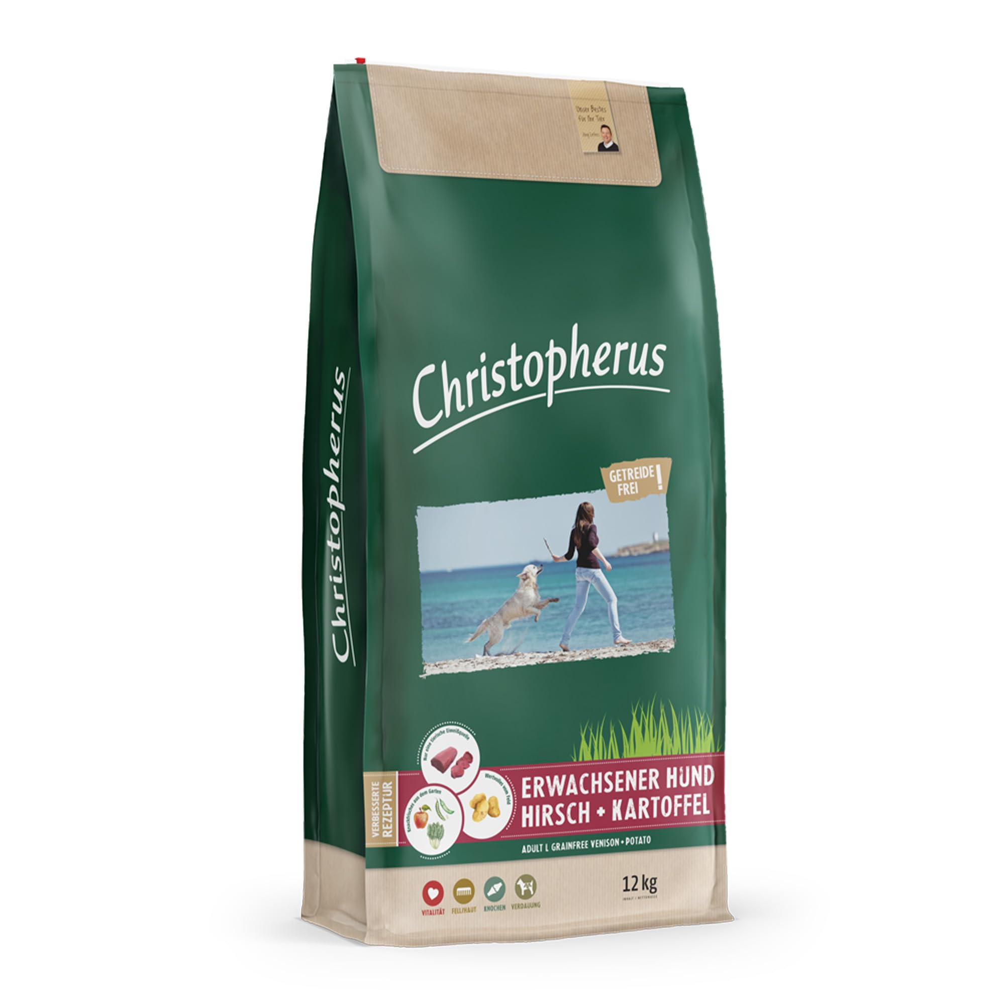 Christopherus Trockenfutter für Erwachsene Hunde, Hirsch + Kartoffel, 12 kg | Getreidefreie Vollnahrung, für erwachsene Hunde, gut verträglich, ohne Farbstoffe, mit ausgewogene Energie- & Fettgehalte