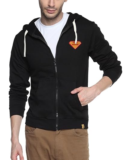 Mens Black Zipper Hoodie with Applique - Super Doctor
