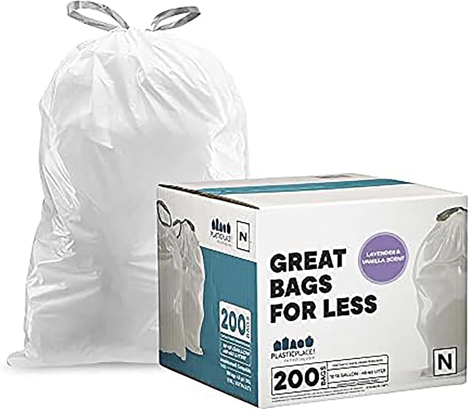 Plasticplace White Drawstring Lavender and Soft Vanilla Scented Garbage Can Liners, Compatible with Code N (200 Count) 12-13 Gallon, 45-50 Liter, 1.2 Mil, 22.5" x 31.5"