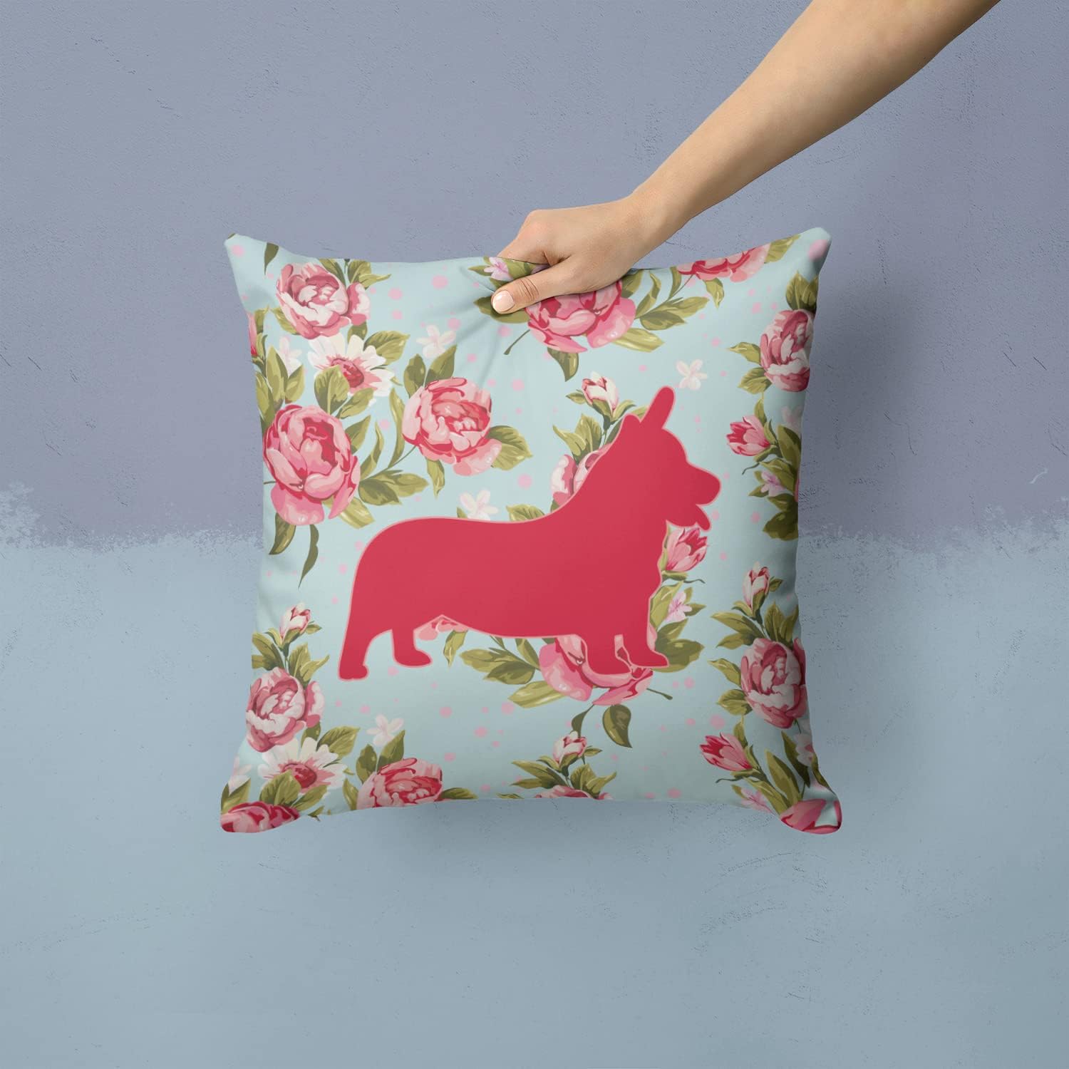 Caroline's Treasures BB1069-RS-BU-PW1414 Corgi Shabby Chic Blue Roses Fabric Decorative Pillow, Blue Machine Washable, Indoor Outdoor Decorative Pillow for Couch, Bed or Patio, 14Hx14W