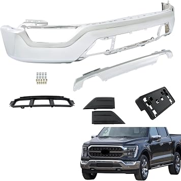WFLNHB Front Bumper Face Bar with License Plate Bracket Grille Lower and Molding Trim Valance Kit Chrome Steel without Park Assist Sensor Holes 6PCS Replacement for F150 2021-2023