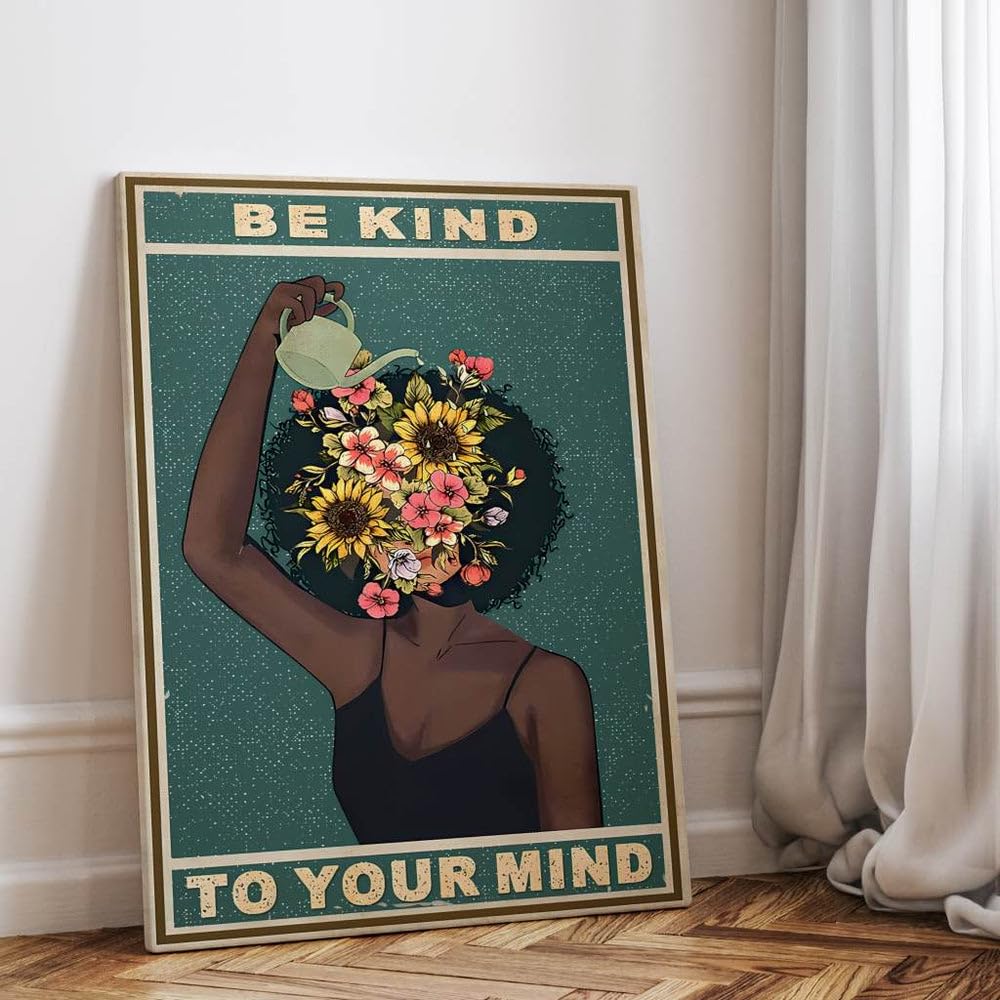 Be kind to your mind Poster, Achtsamkeit mentale Gesundheit Leinwand Bild, Retro Boho Wandbild in grün mit Blumen, Wohnzimmer Schlafzimmer Flur Wanddeko, positive Gedanken Selbstliebe Kunstdruck
