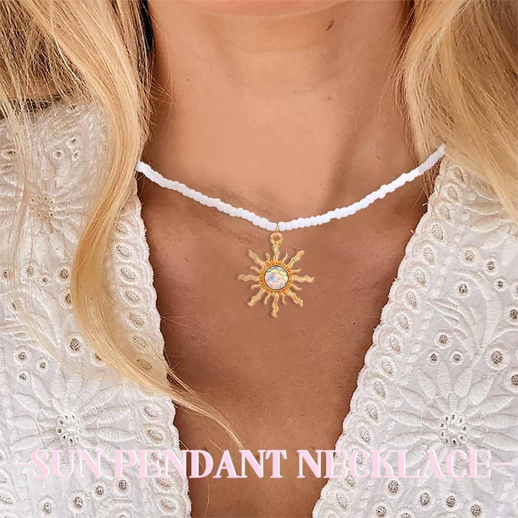 Tgirls Boho Beaded Necklace Crystal Sun Pendant Necklaces Opal Hippie Sun Choker Necklace Seed Bead Necklace Jewelry for Women - Image 4
