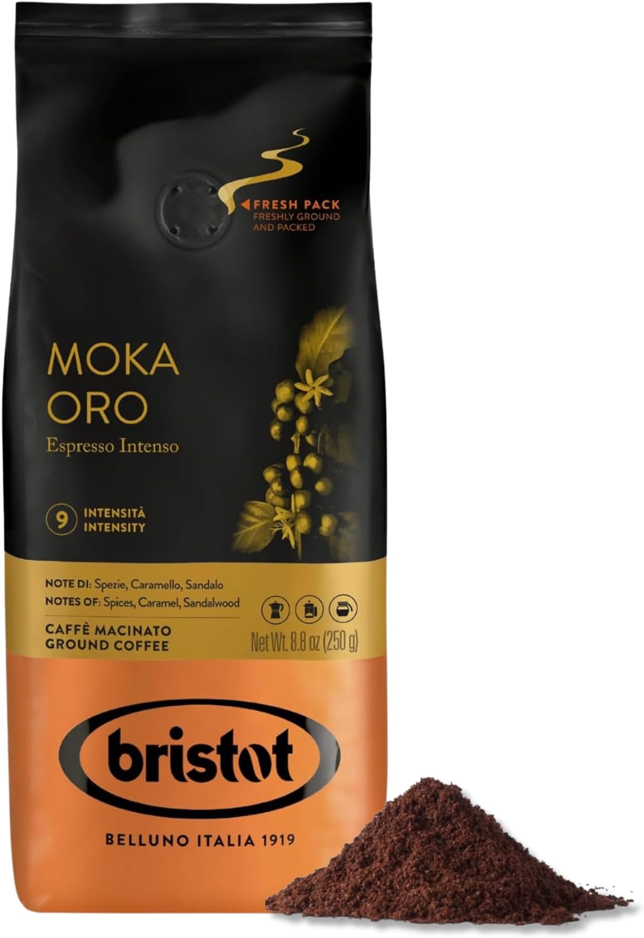 Bristot Moka Oro Ground Coffee โ Italian Espresso โ Medium Roast โ Notes of Spices, Caramel & Sandalwood โ For Moka, French Press, Pour Over โ 8.8oz (250g)