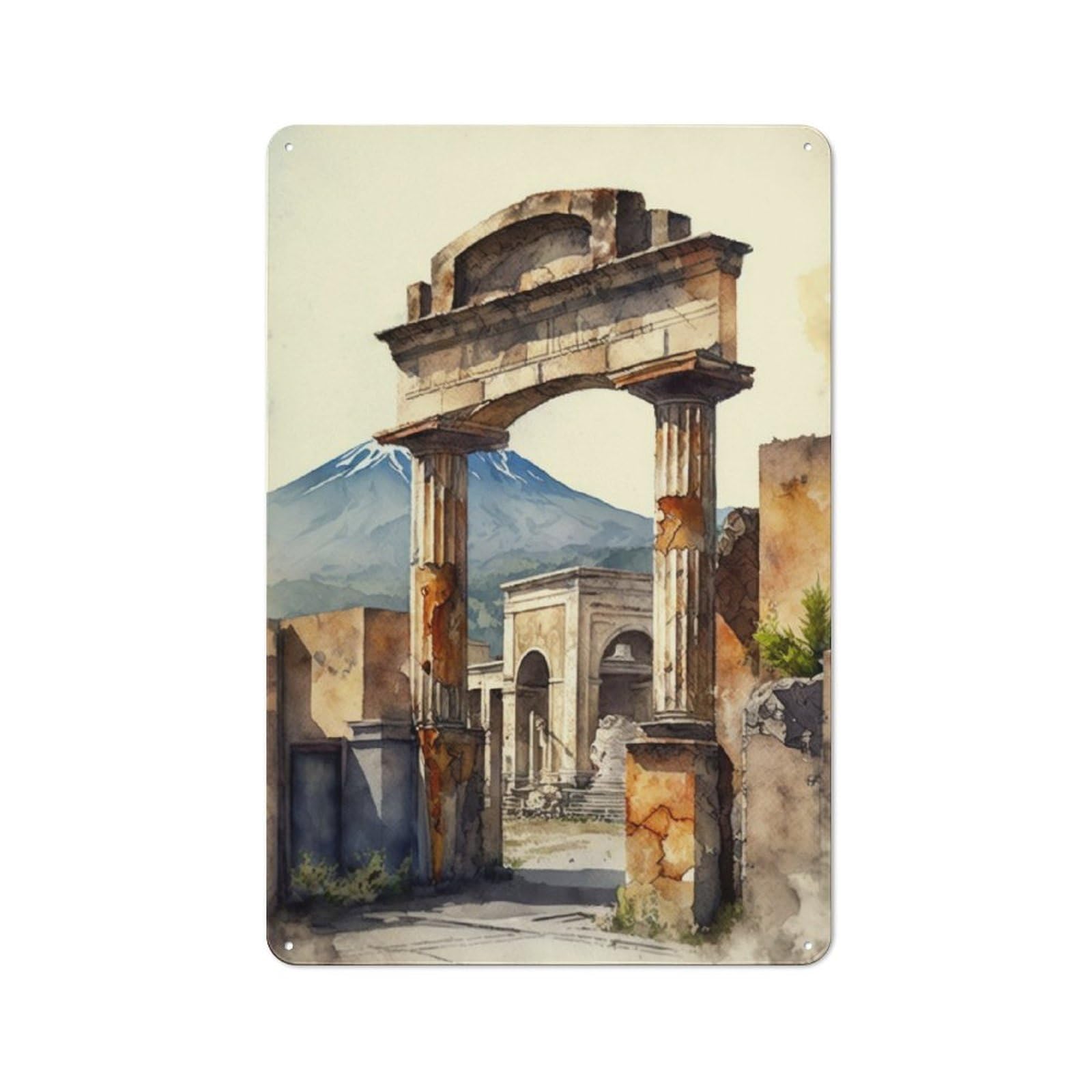 Junmoney Pompeii Ruins In Watercolo Industrial-Style Tin Sign 30X20cm For Pub Or Café, Suited To Pub Decor Enthusiasts