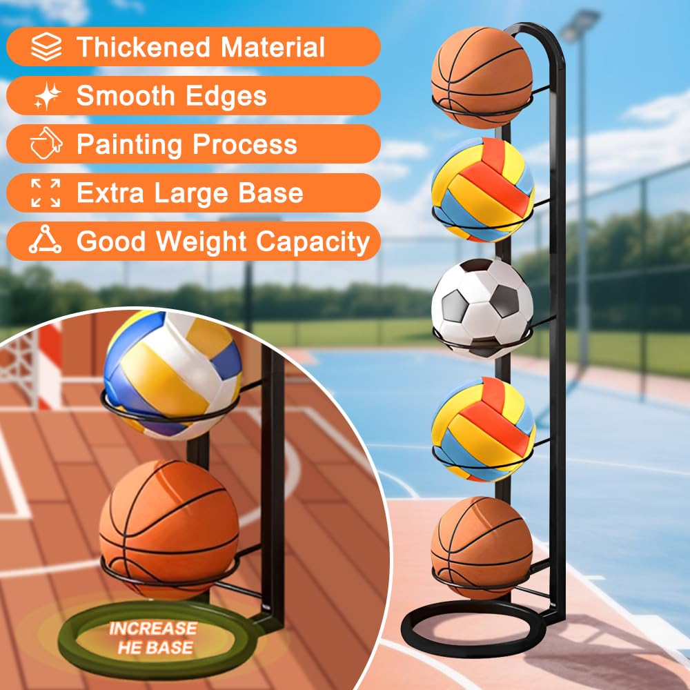 Support Ballon Foot, 5 Niveaux Rangement Ballon en Métal, Verticale Support Ballon Basket, Porte Ballon Basket Organiseur de Basket-Ball, Noir