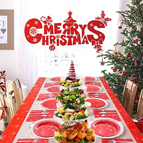 Amycute 97Pcs Christmas Party Tableware Set 24 Guests, Christmas Paper Plates Cups Napkins Tablecloth for Christmas Party Supplies Table Decoration(Style 4)