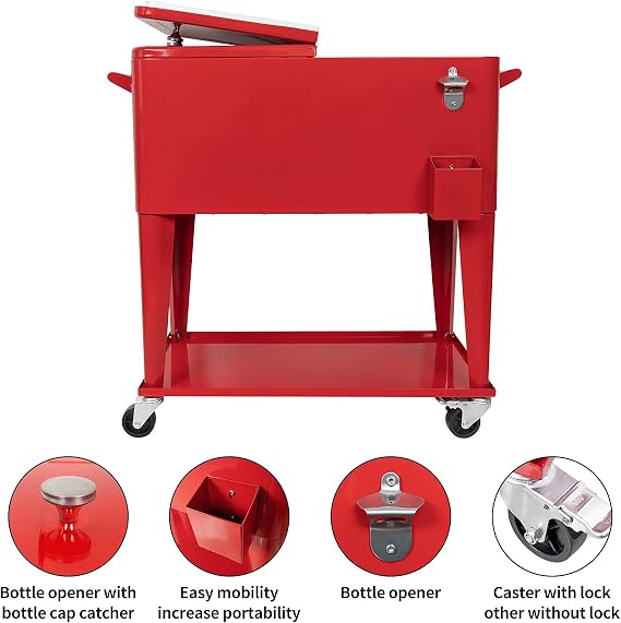 80QT Rolling Cooler Cart with Wheels, Ice Chest Outdoor Backyard Coolers on Wheels with Large Storage Space, Portable Drink Beverage Bar for Patio Pool Party with Shelf and Bottle Opener