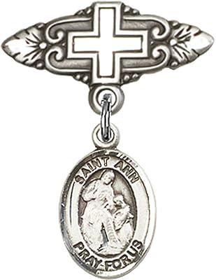 Sterling Silver Baby Badge with St. Ann Charm and Badge Pin with Cross 1 X 3/4 inches