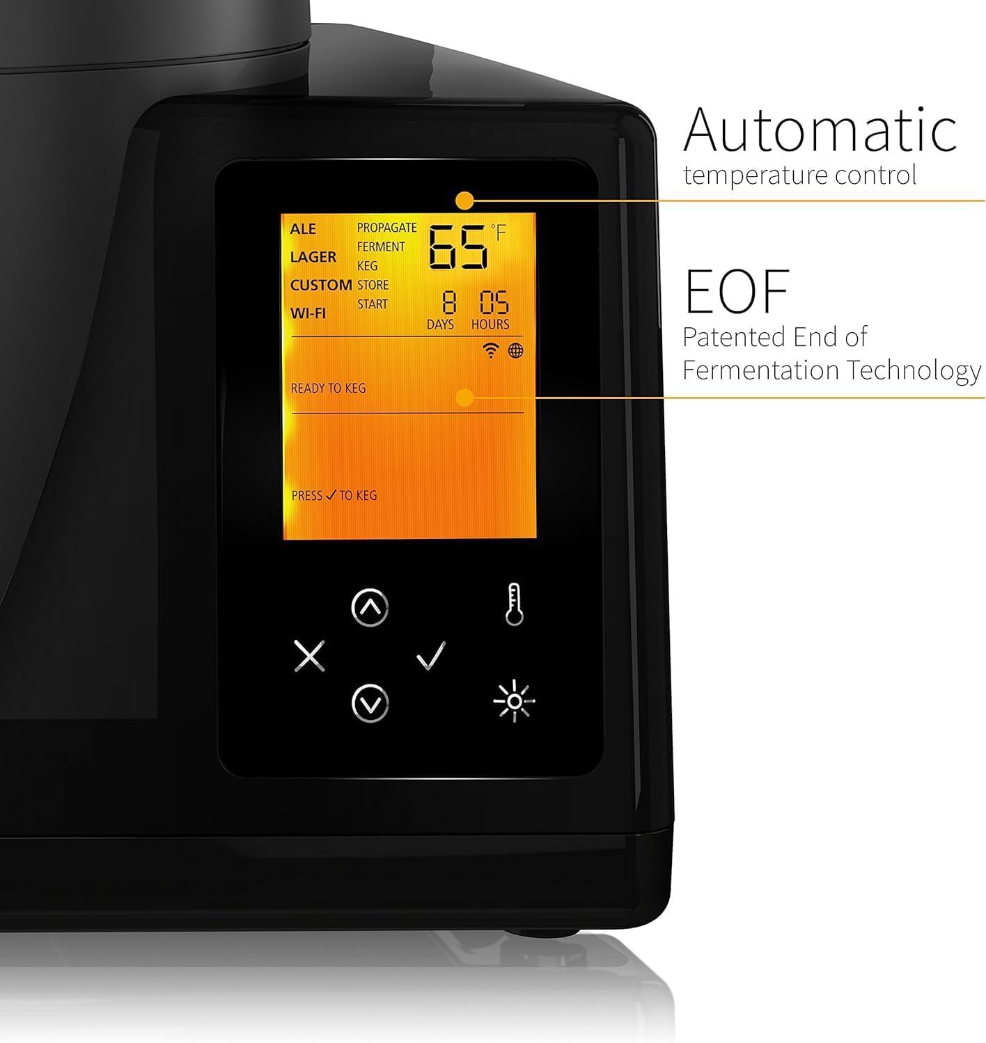 Close-up of the BeerDroid control panel showing temperature and brewing status