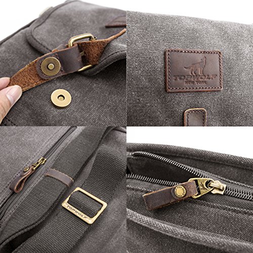 Canvas Messenger Bag TOPWOLF Small Crossbody Bag Casual Travel Working Tools Bag Shoulder Bag Hold Phone Handset Anti Theft (Gray & Leather)