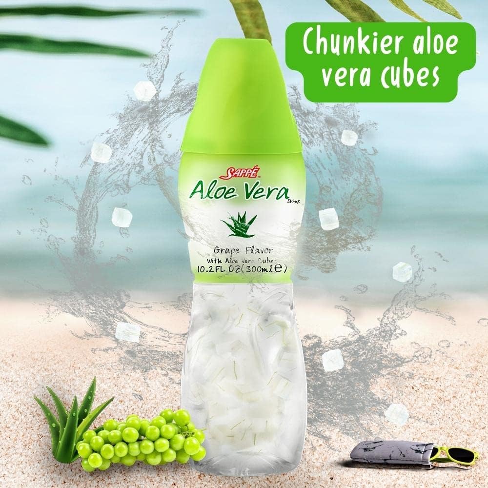 Aloe vera juice (Grape flavored) Aloe vera drink with bigger chunks of pure aloe pulp (6 Packs) Plant based juice great for hydration and contains large aloe pulp. Aloe vera grape juice is healthy for adults and kids