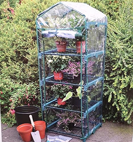 Samuel ALEXANDER Outdoor Garden Mini Greenhouse 130cm Tall With 4 Shelves/Tiers Green House Small Greenhouse With Frame, Waterproof Transparent PVC Cover and Roll Up Zip Up Door Gardening Shelves