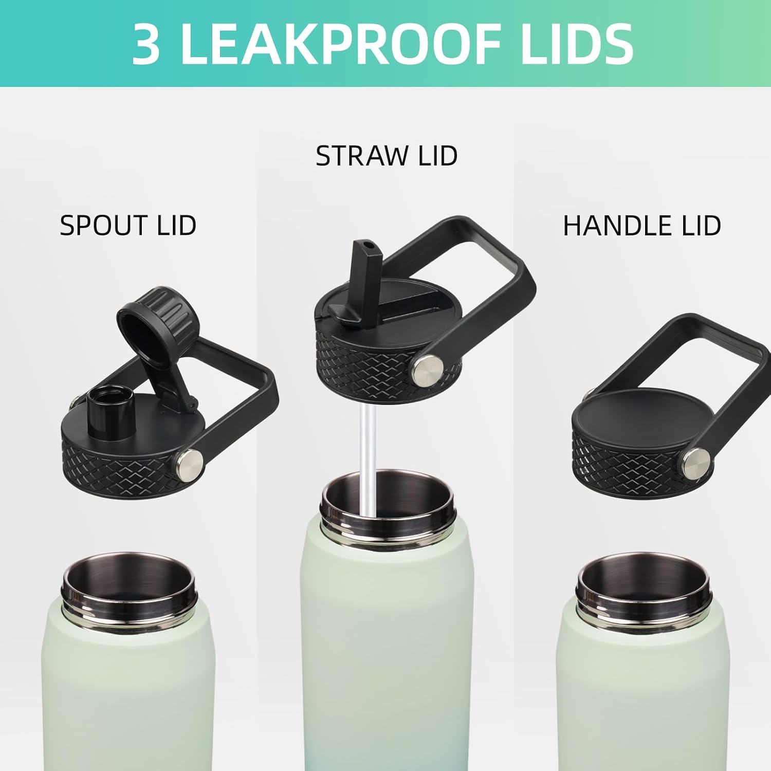 25oz Insulated Stainless Steel Water Bottle with Straw and 3 Lids, BPA-Free Sports Water Bottle,travel water bottle,Mint - Image 3