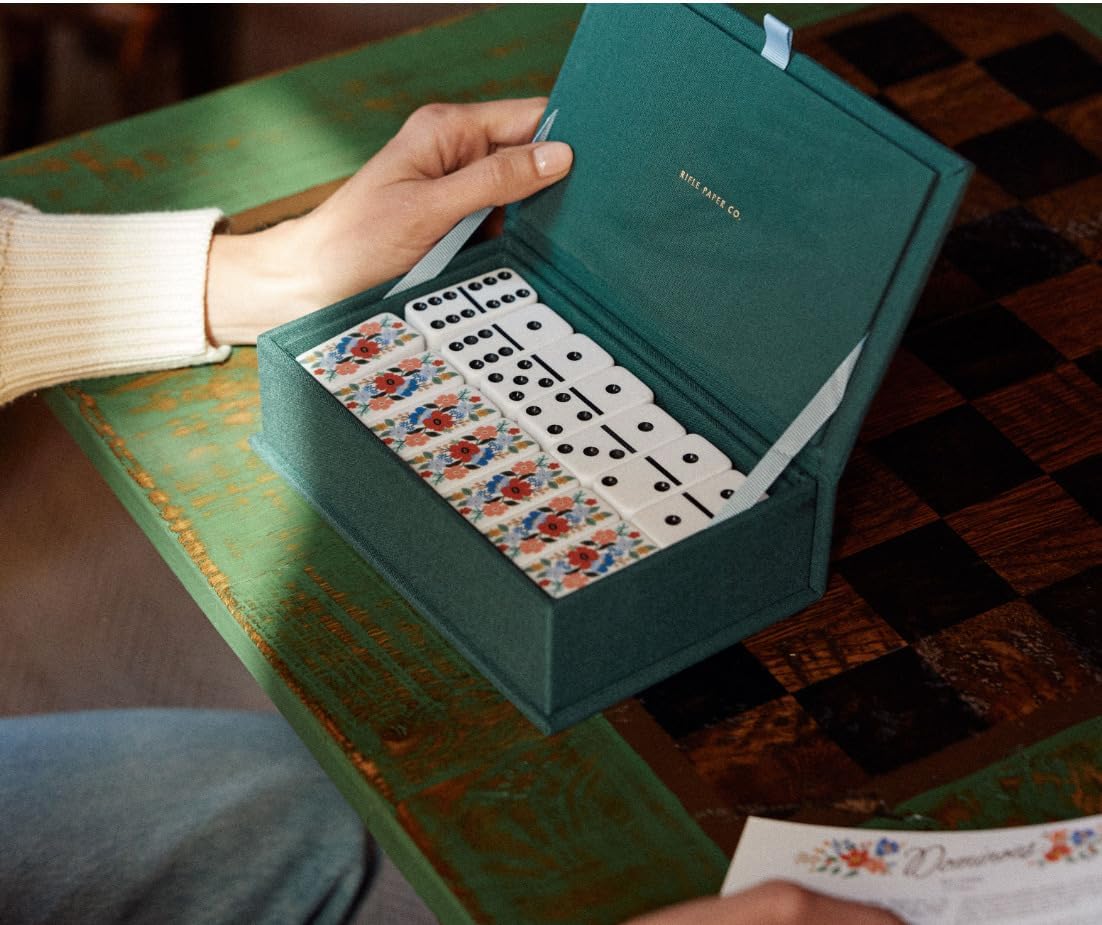 RIFLE PAPER CO. Dominoes Set | 28 Dominoes with Illustrated Designs, Packaged in Embroidered Keepsake Box, Includes Instruction Card for Games, Strawberry Fields