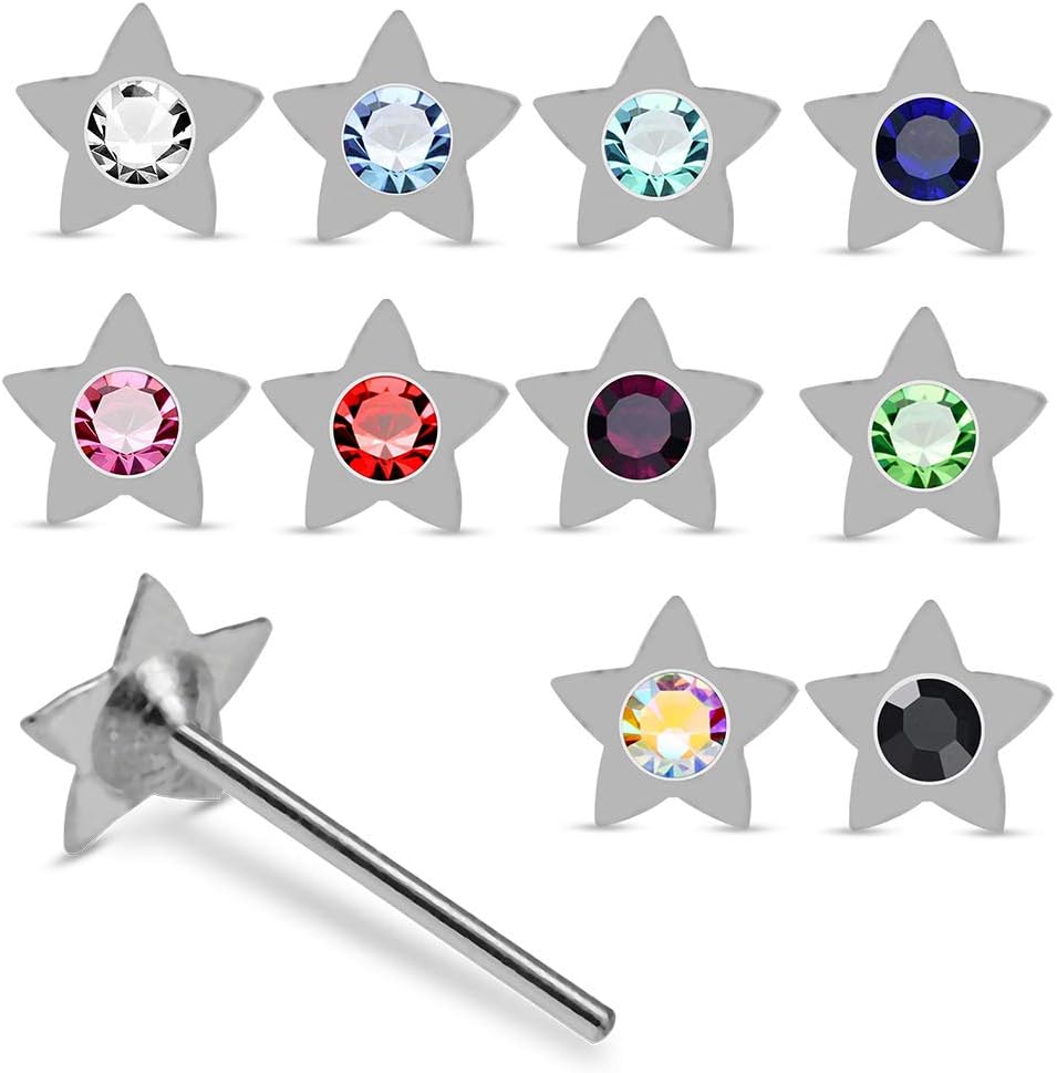 20 Pieces Box Set Flat Star with Crystal Stone Design 22 Gauge 925 Sterling Silver Nose Pin - Nose Stud - Tiny Nose Ring - Nose Piercing Body Jewelry