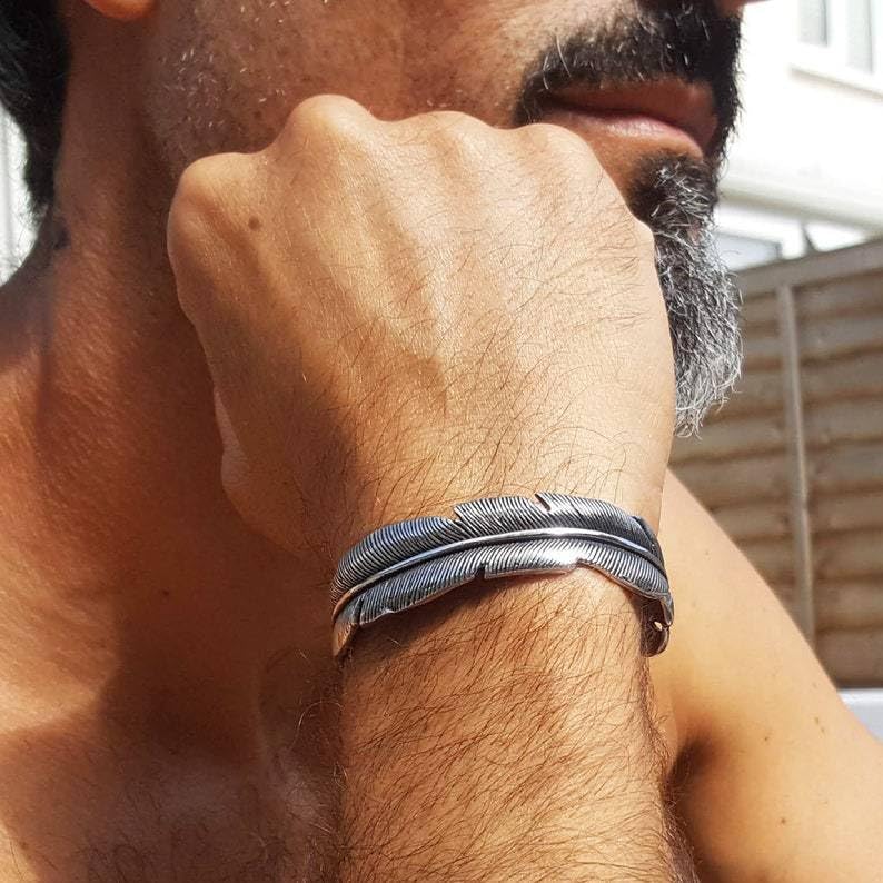 Stainless Steel Feather Bangle, Vintage Leaf Feather Cuff Bracelet for Men Women - Image 6