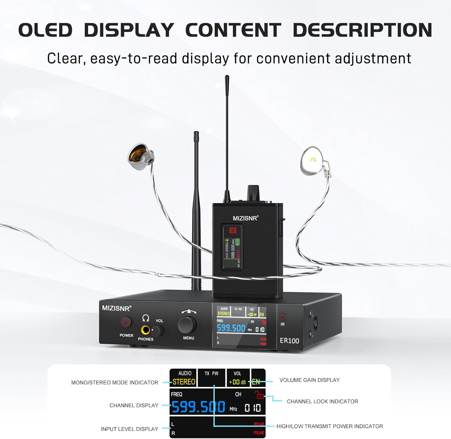 Wireless In-Ear Monitor System, Pro UHF Stereo IEM for Musicians with Metal Transmitter & Rechargeable Receiver, 10 Selectable Frequencies, TFT display, 164 ft Range for Studio, Band, and Stage
