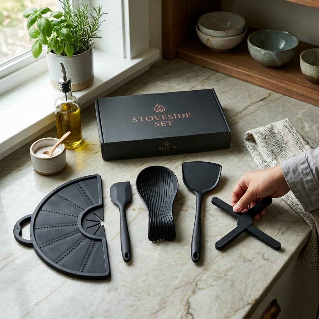 Silicone Stoveside Set 5 Piece — Spoon Rest, Collapsible Splatter Screen, Collapsible Trivet, Spatula & Turner, Heat Resistant, Dishwasher Safe, Obsidian Black