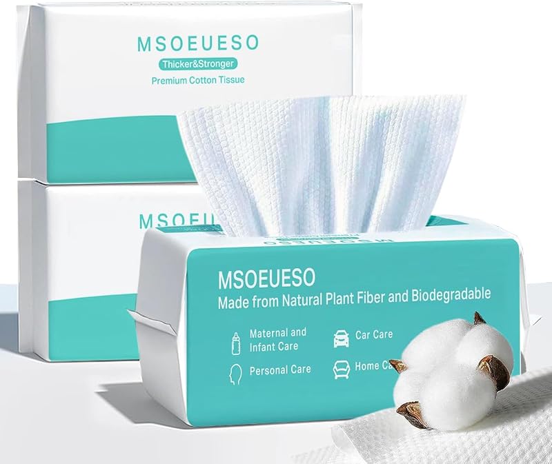 MSOEUESO Lenços Faciais Secos Descartáveis de Algodão, 300 Unidades, Pacote com 3