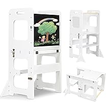 labebe Torre montessoriana per bambini, Pieghevole Torre di Apprendimento, 3-in-1 scala montessoriana Con tavolo da disegno, Legno Learning Tower di età superiore18 mesi bambini（Bianco)