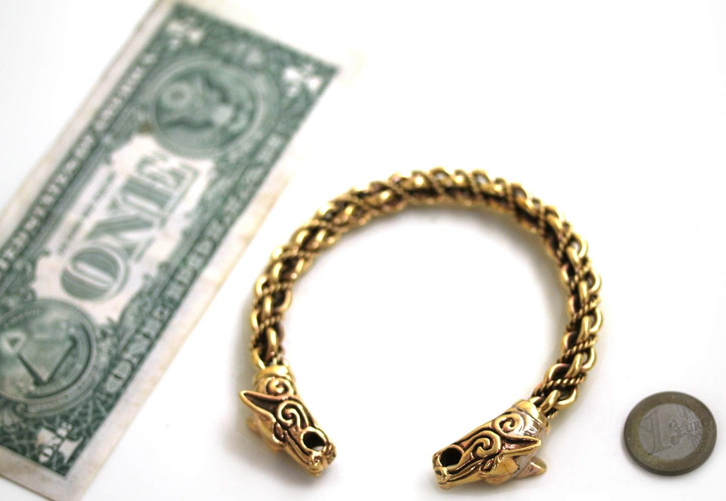 LynnAround Big Size Bronze Norse Viking Fenrir Wolf Head Twisted Cable Bangle Cuff Bracelet Arm Ring Pagan Jewelry