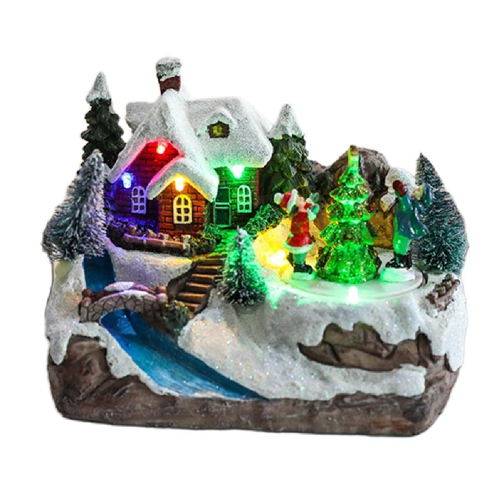 Kieteiik Christmas Tree Christmas Village Led Lights Small River House Luminous Landscape Figurines Resin Desktop Ornament Decoration Set