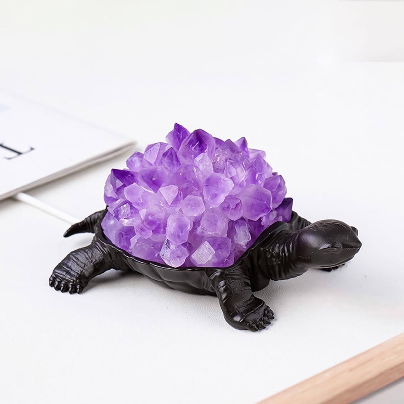 Natural Crystal Turtle Night Light - Lucky Wealth Decor for Home Office - Healing Energy Crystal Turtle Figurine - Gift for Men Women on Birthday Christmas (Purple)