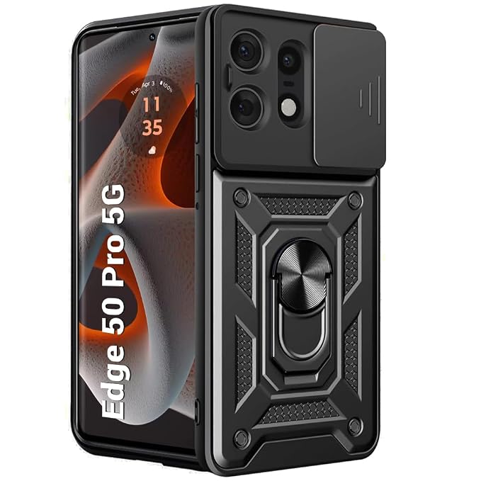 TheGiftKart Tough Armor Motorola Moto Edge 50 Pro 5G Bumper Back Cover Case | Sliding Camera Cover, Kickstand & Ring Holder | 360° Protection Case for Motorola Moto Edge 50 Pro 5G (PC & TPU, Black)