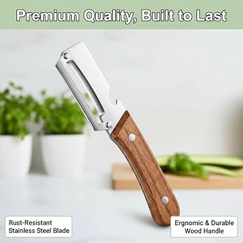 Multi-Functional Vegetable Peeler for Kitchen 2-in-1 Stainless Steel Julienne Peeler with Wooden Handle and Bottle Opener Easy Veg Peelers for Potato Apple Carrot & Fruit (2 x Wooden)