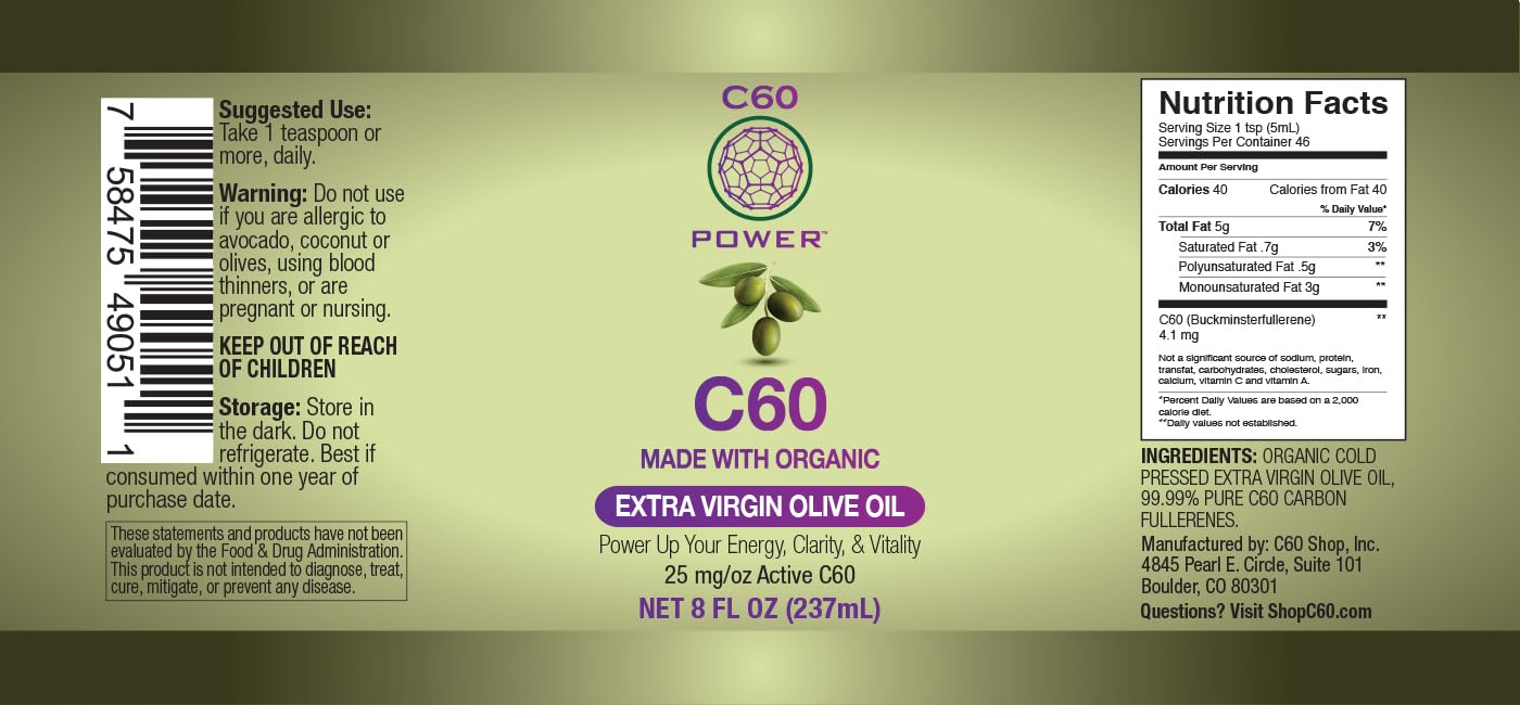 C60 Power C60 in Organic Extra Virgin Olive Oil - Natural Wellness & Antioxidant Support for Men & Women, 99.99% Pure Carbon Fullerenes, Promotes Energy, Mental Clarity, & Stamina - 8 fl oz Bottle