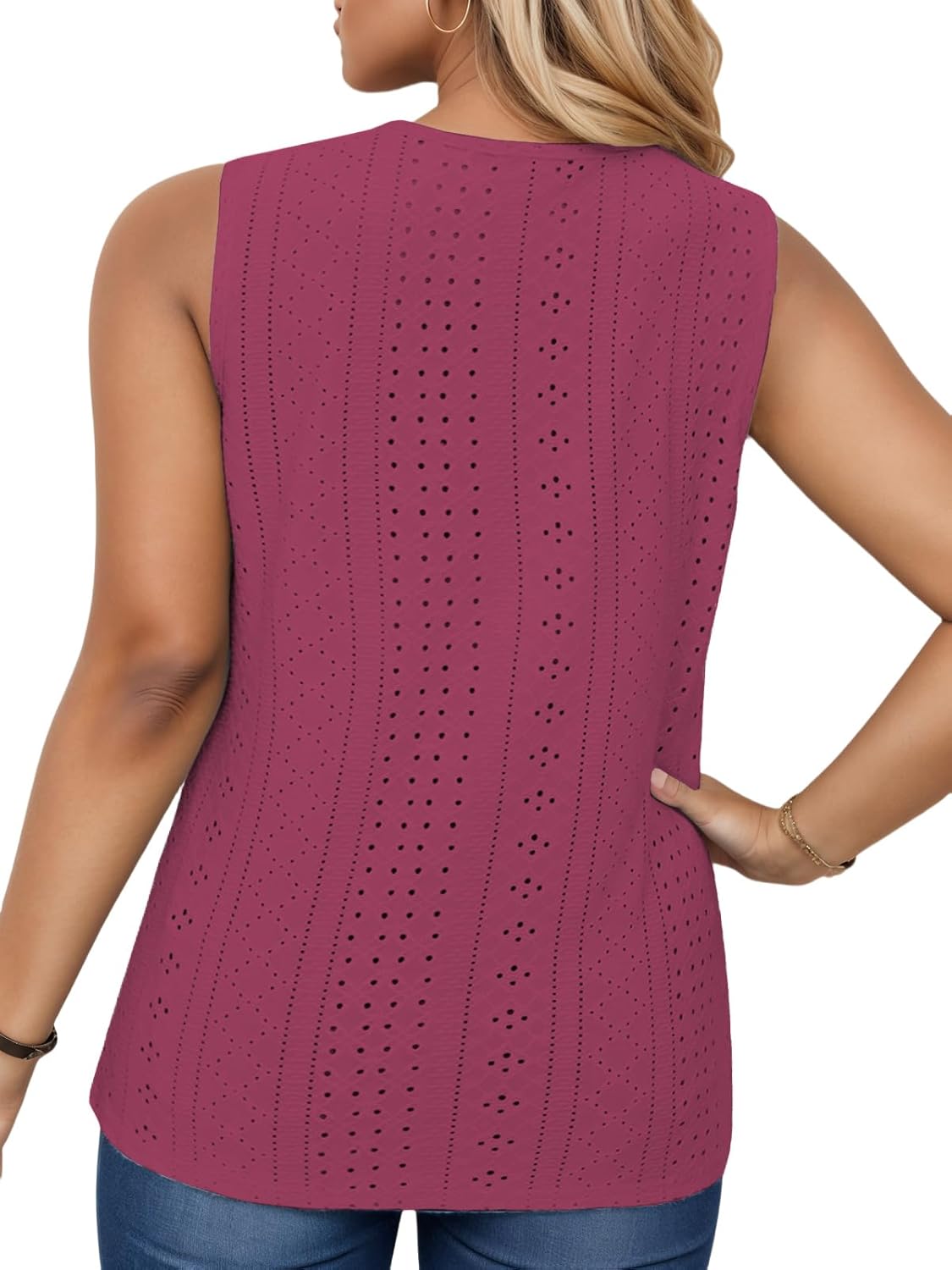 VISLILY Womens-Plus-Size-Tank-Tops Summer Floral Lace Trim V Neck Shirts Casual Sleeveless Blouses Cute Eyelet Tunics XL-5XL - Image 3